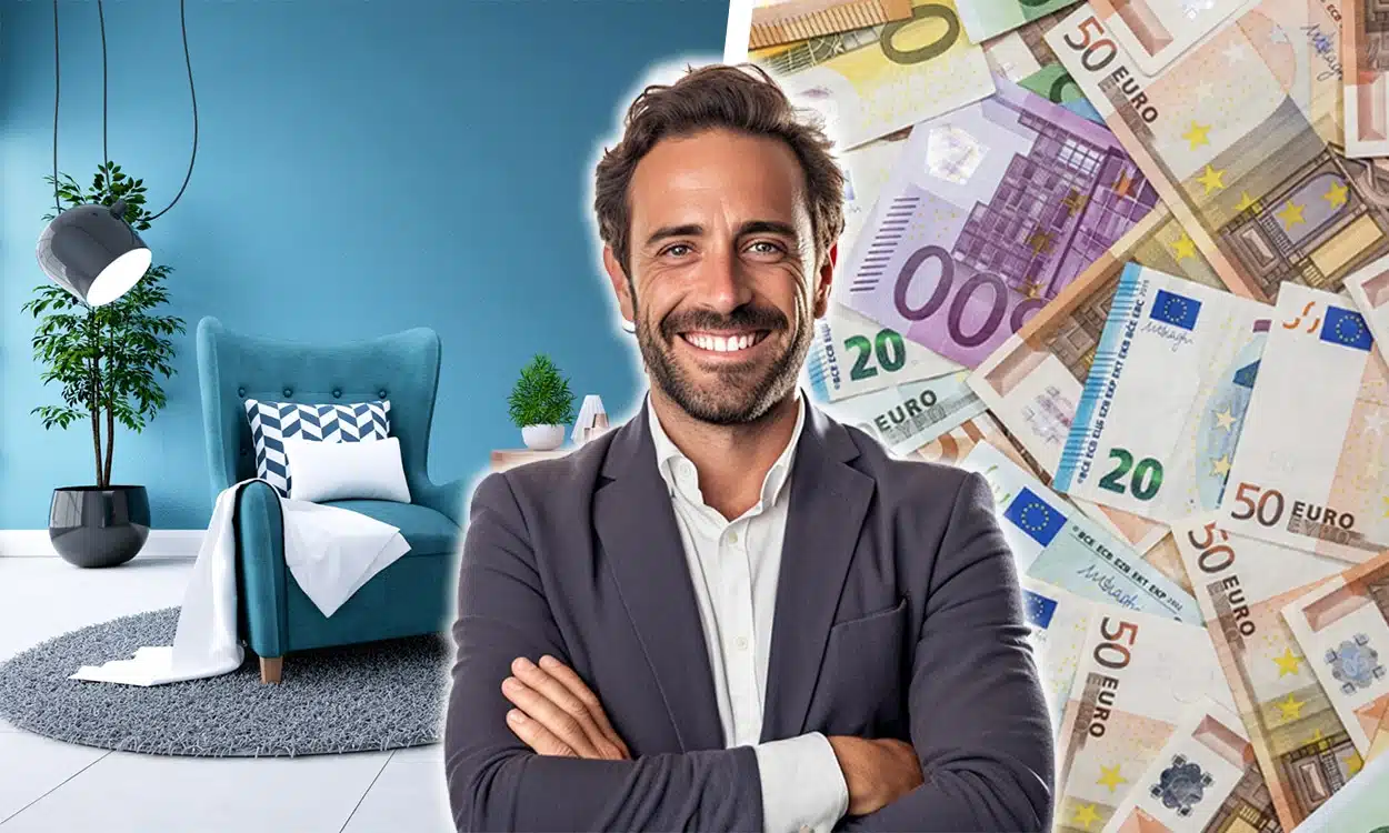 Un homme bien habillé avec un intérieur d'appartement et des billets