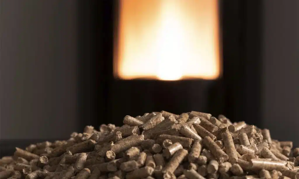 Un tas de granules de bois devant un poêle à pellets allumé