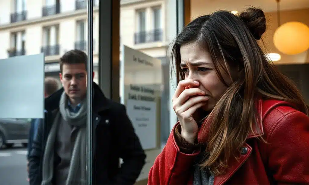 Jeune femme sort en pleurants d'une agence immobilière