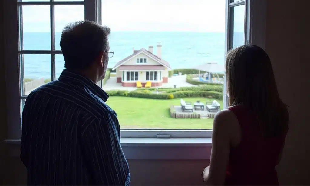 Couple qui observe une maison voisine depuis la fenêtre