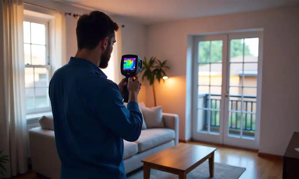 Diagnostiqueur réalise bilant isolation thermique dans le salon d'un bel appartement design