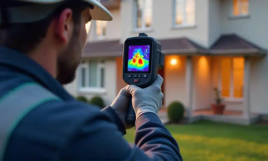 Diagnostiqueur réalise bilan isolation thermique d'une maison à l'aide d'une caméra thermique