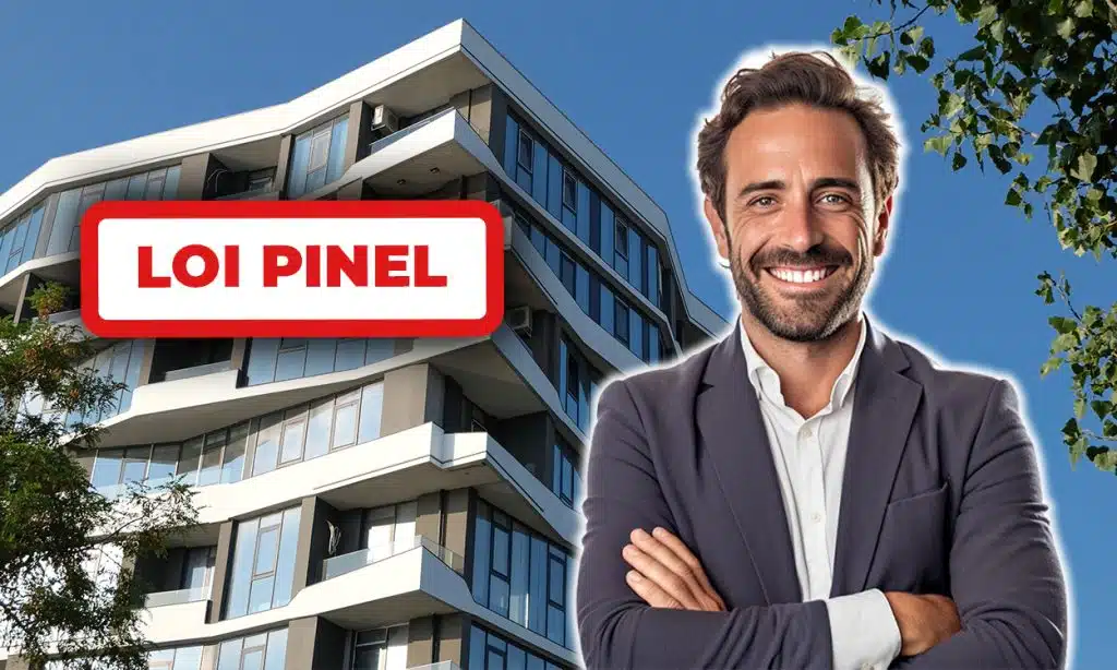 Loi Pinel avec un agent immobilier qui pose devant un immeuble moderne