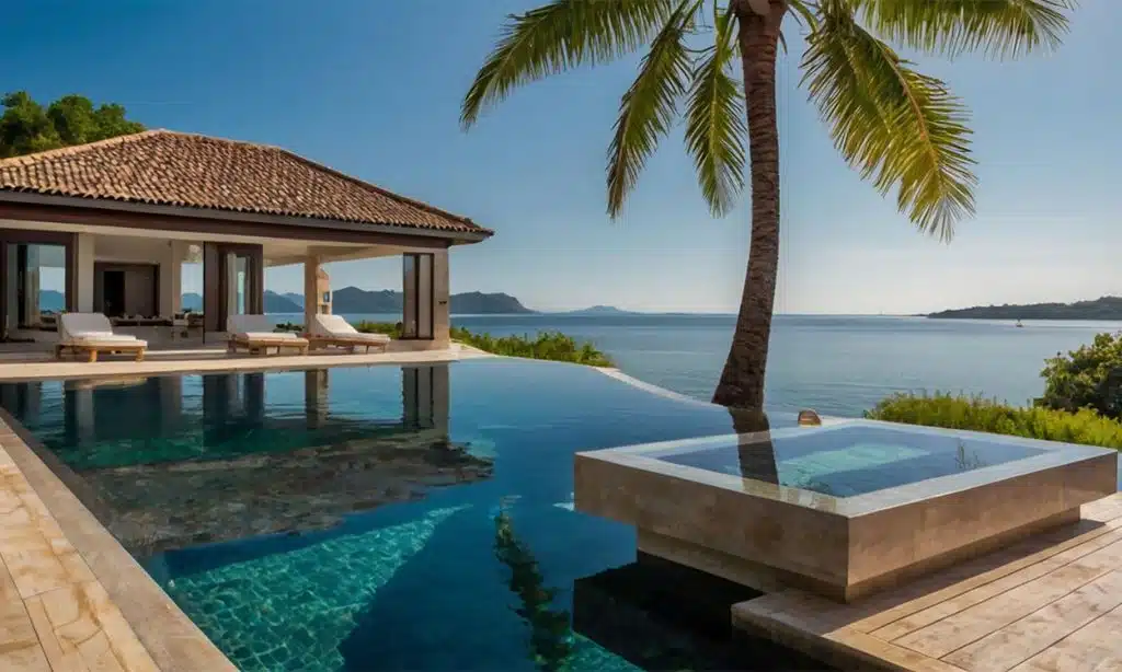 Une maison luxueuse avec piscine au bord de la mer avec un cocotier