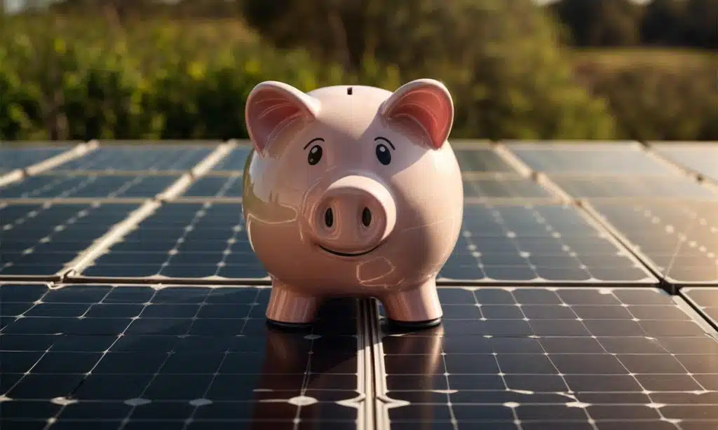 Une tirelire cochon posée sur un panneau solaire photovoltaïque