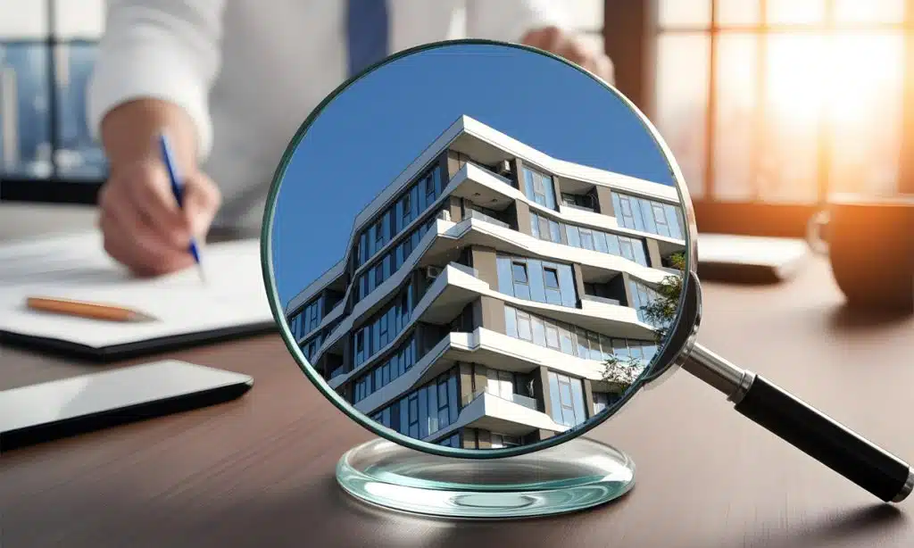 Zoom sur un immeuble moderne avec une loupe pour un investissement immobilier