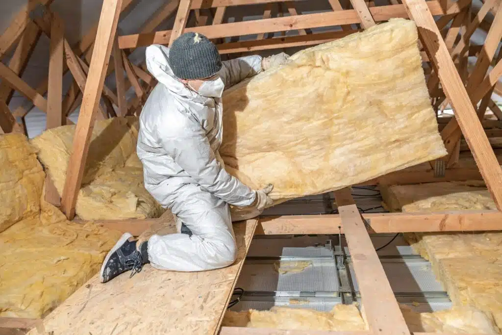 Travaux d'isolation des combles avec des panneaux de laine isolante