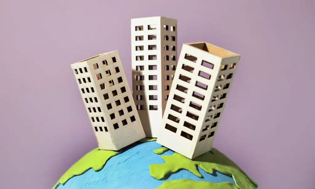 Immobilier international représenté par une maquette d'immeubles en bois sur un globe terrestre