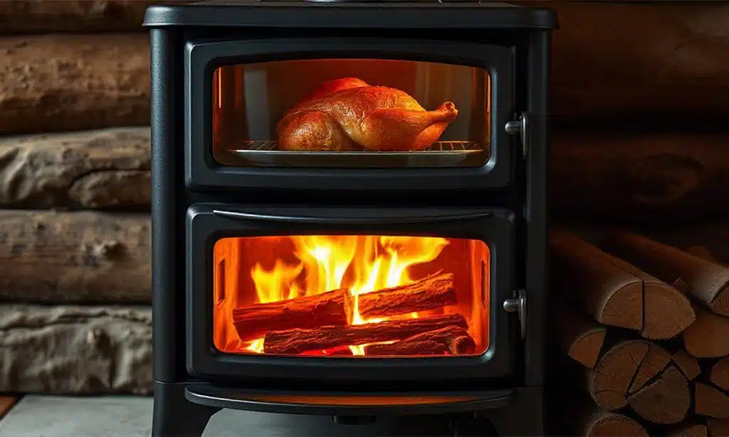 Un poêle à bois avec four intégré qui cuit un poulet