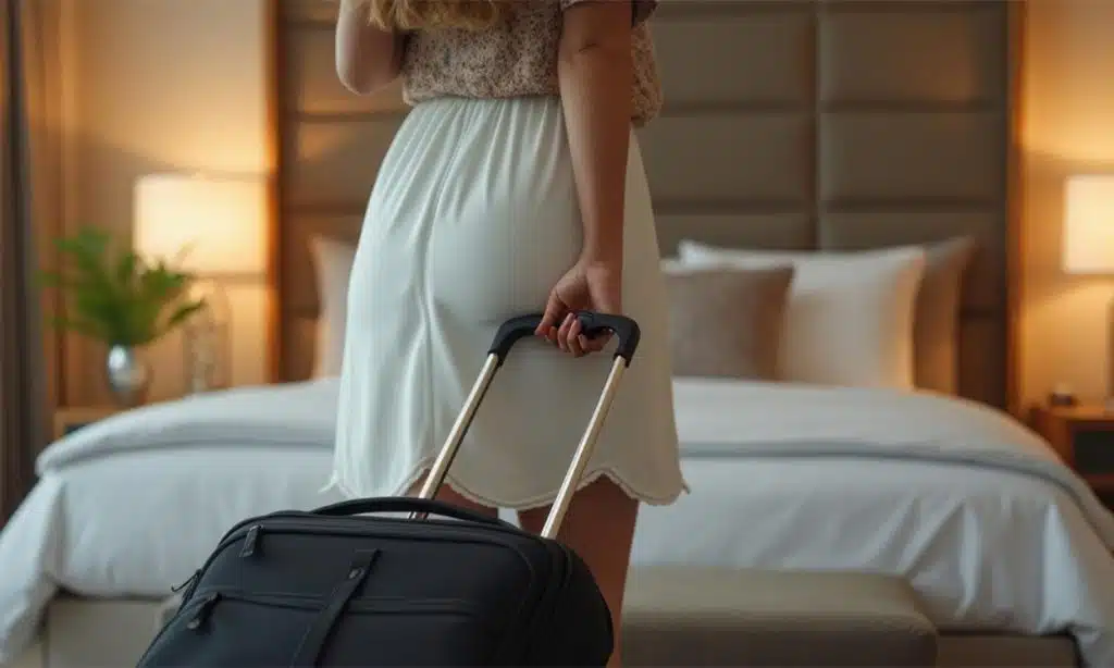 Une femme en jupe blanche avec une valise devant le lit de sa chambre