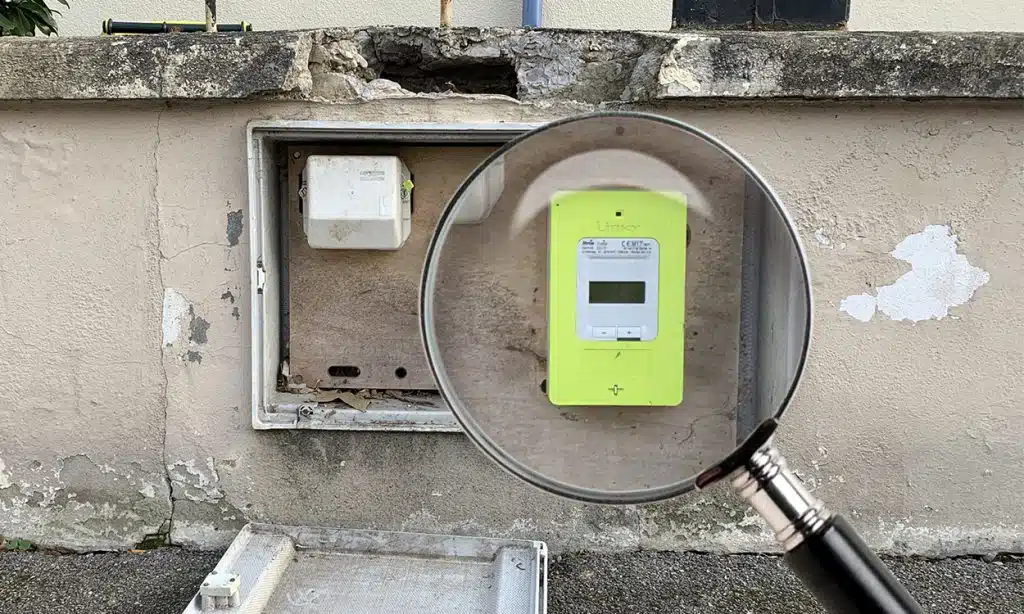 Zoom avec une loupe sur un compteur communicant Linky vandalisé