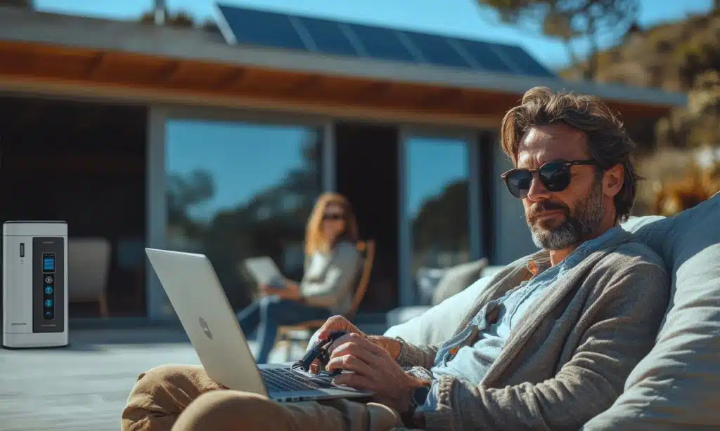 Un propriétaire travaille sur sa terrasse avec en fond des panneaux solaires sur le toit