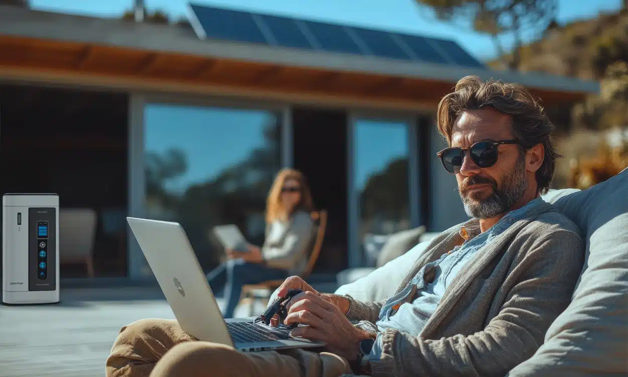 Un propriétaire travaille sur sa terrasse avec en fond des panneaux solaires sur le toit