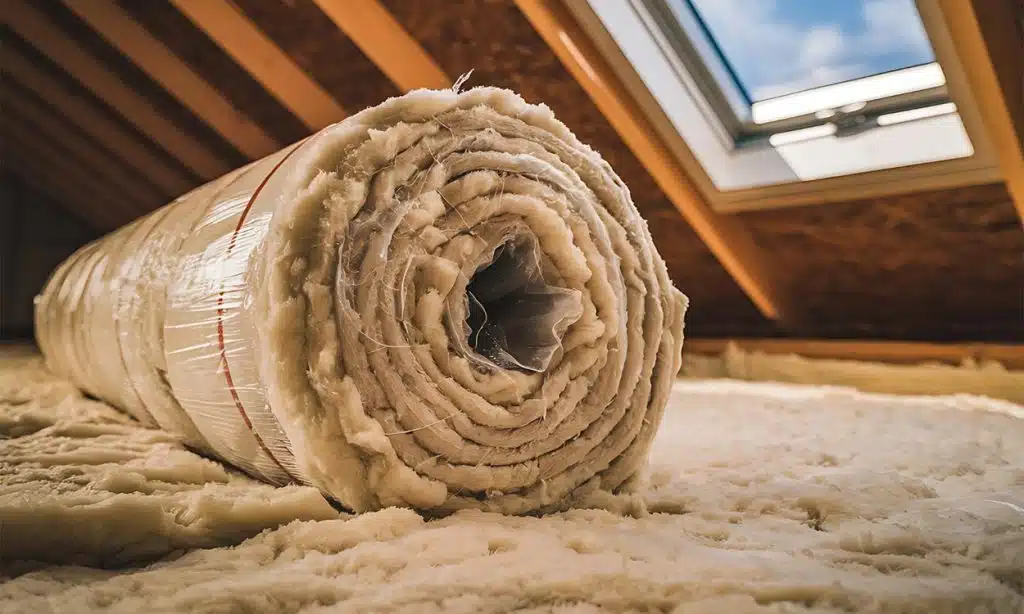 Un rouleau de laine isolante posé dans les combles d'une maison