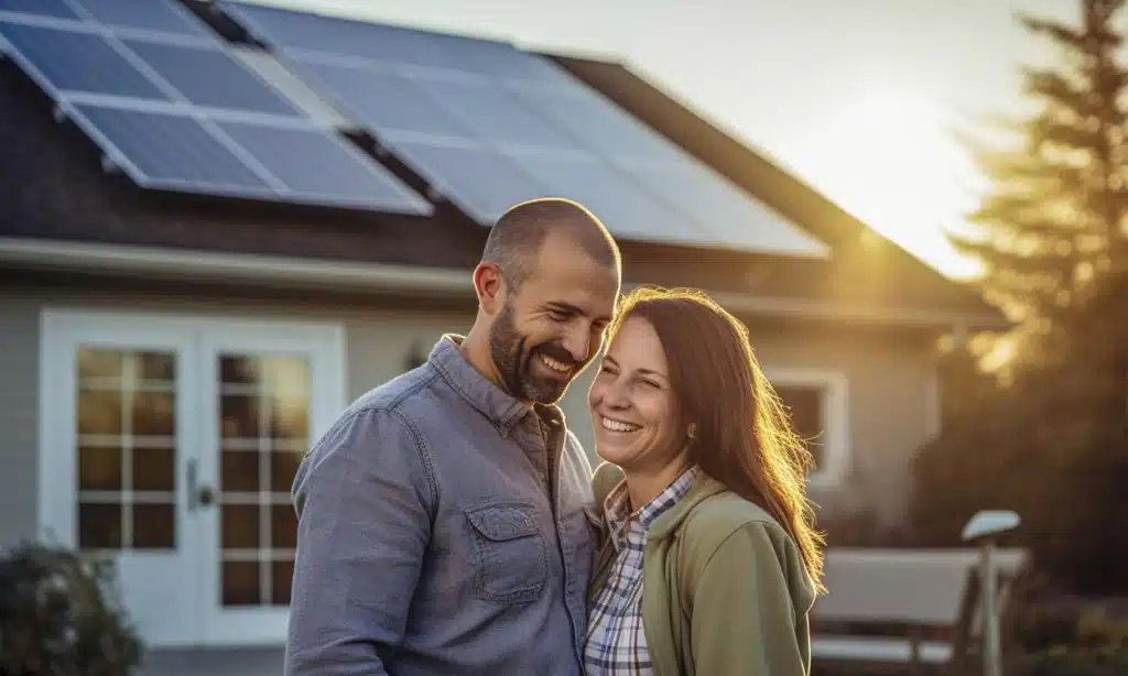 Couple heureux et complice devant leur maison individuelle équipée de panneaux solaires photovoltaïques