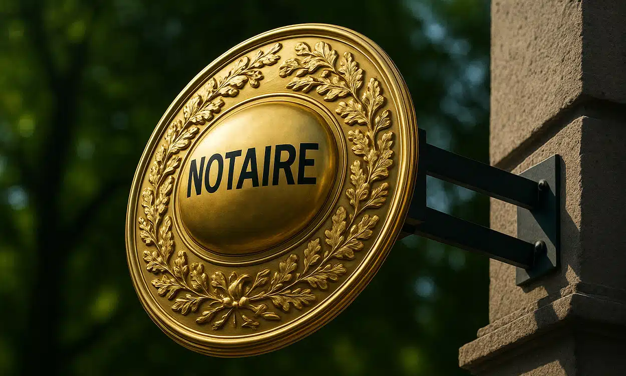 Gros plan sur une enseigne de notaire fixée à l'angle d'un mur