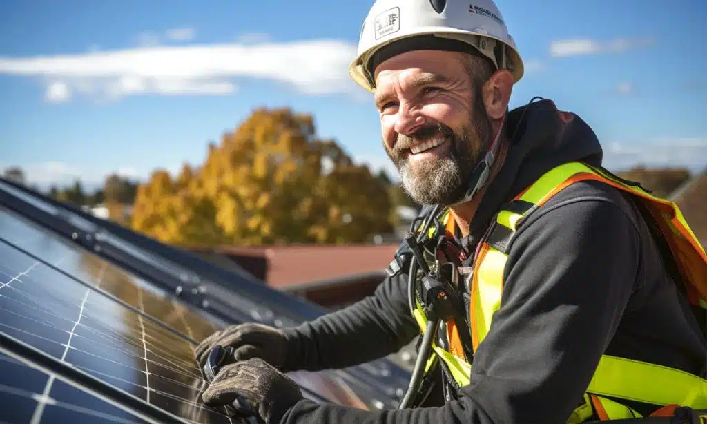 Un installateur de panneaux solaires équipé et souriant