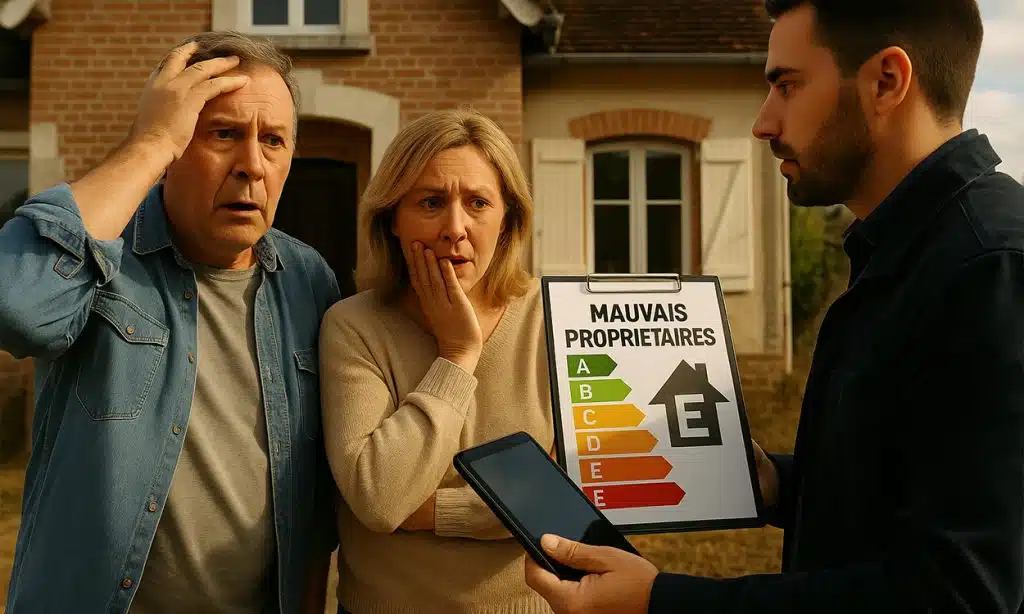 Des propriétaires inquiets avec un agent immobilier qui tient une pancarte avec écrit dessus 'mauvais propriétaires'.