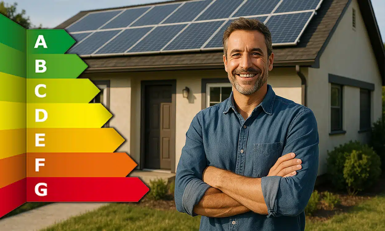 Un propriétaire pose fièrement devant sa maison équipée panneaux solaire avec une bonne efficacité énergétique