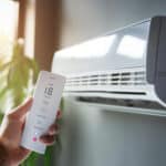 Main qui tient une télécommande devant le split de la climatisation réversible