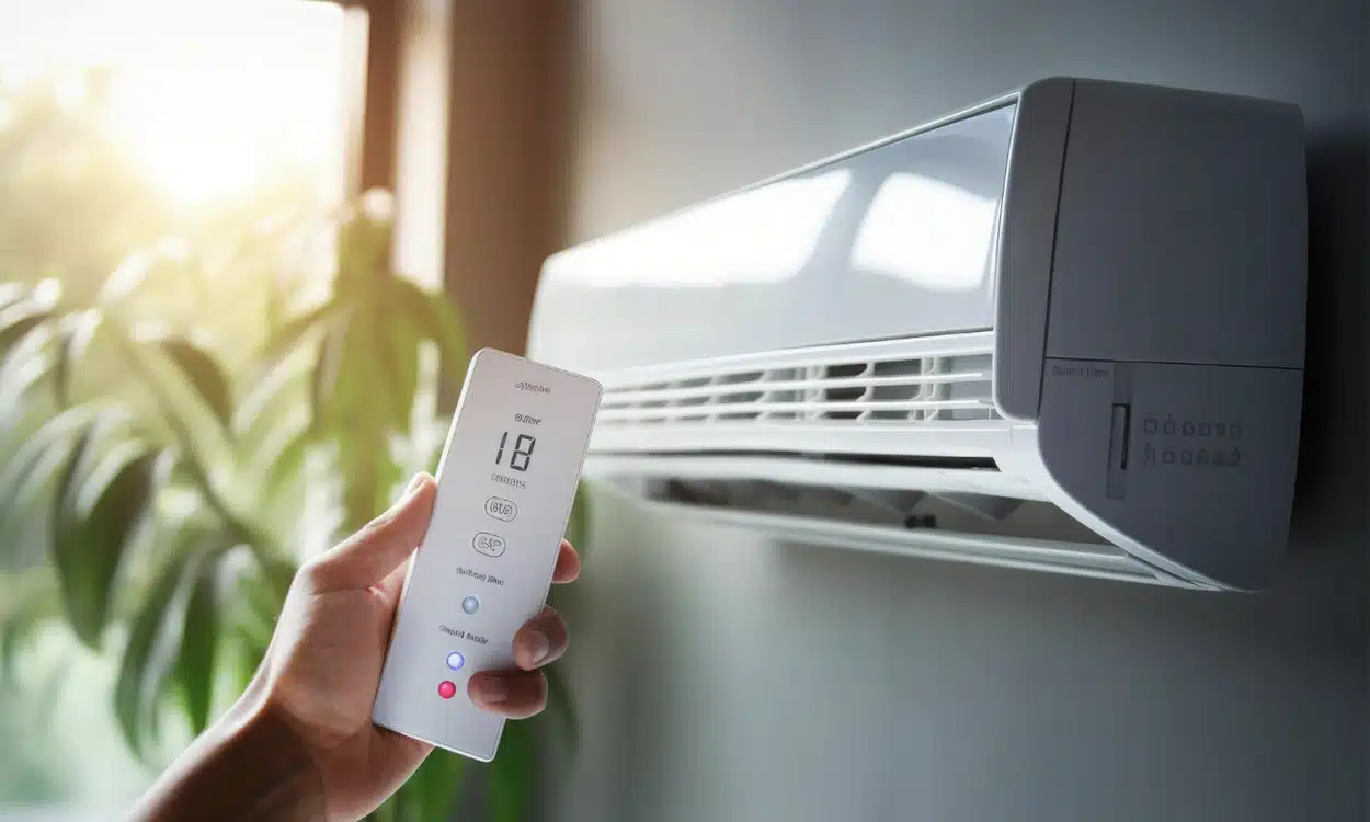 Main qui tient une télécommande devant le split de la climatisation réversible