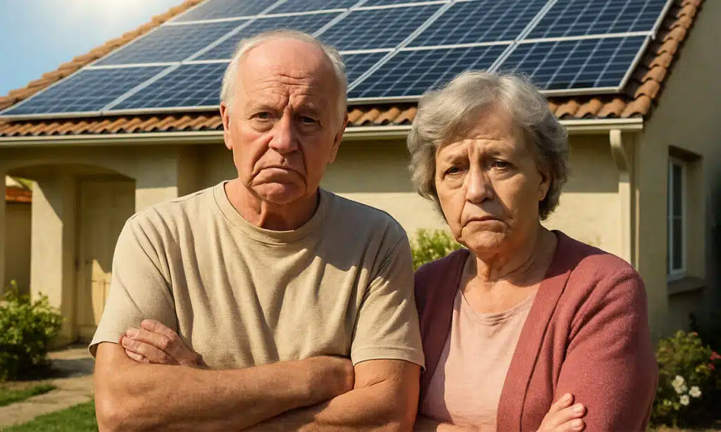 Un couple de senior triste devant leur maison équipée de panneaux solaires