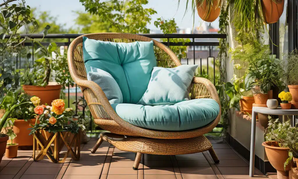 Décoration d'un balcon cosy avec des plantes vertes et un fauteuil ensoleillé en osier avec des coussins turquoises