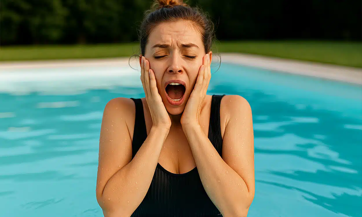 Jeune femme dans sa piscine surprise par la température froide
