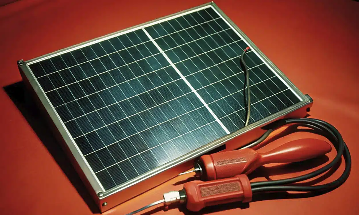 Panneau solaire avec un testeur posés sur un support rouge