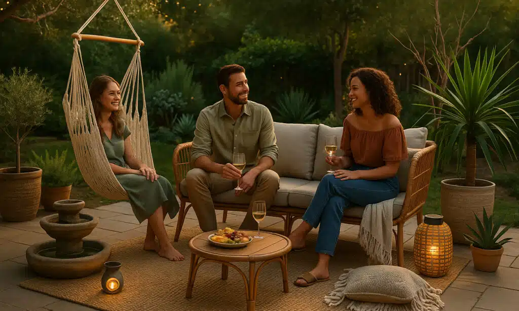 Trois personnes qui prennent l'apéritif sur une terrasse magnifique
