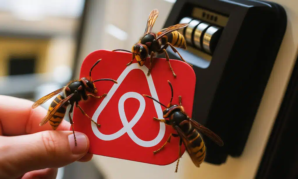 Trois frelons asiatiques posés sur un logo Airbnb rouge tenu devant une boîte à clés à code