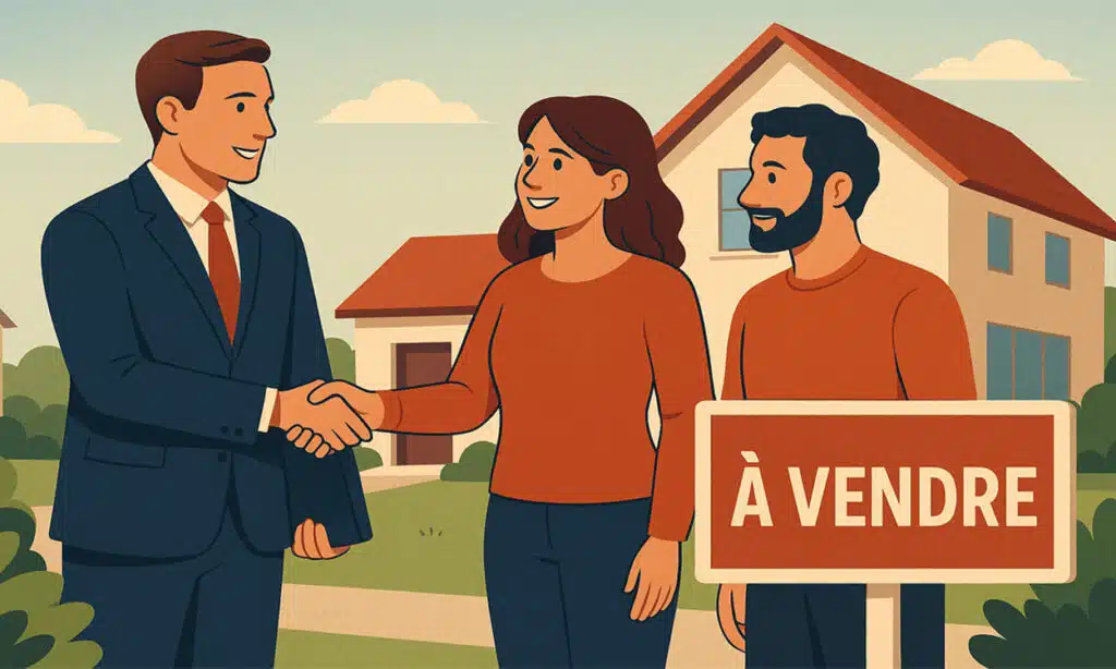 Illustration d'un agent immobilier avec un couple de propriétaires