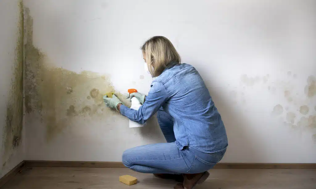 Une femme nettoie la moisissure sur son mur intérieur
