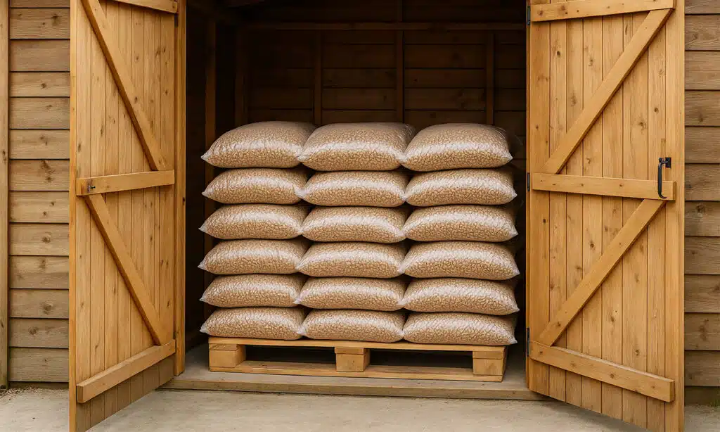 Sacs de granulés de bois proprement stockés sur une palette dans un abri de jardin en bois