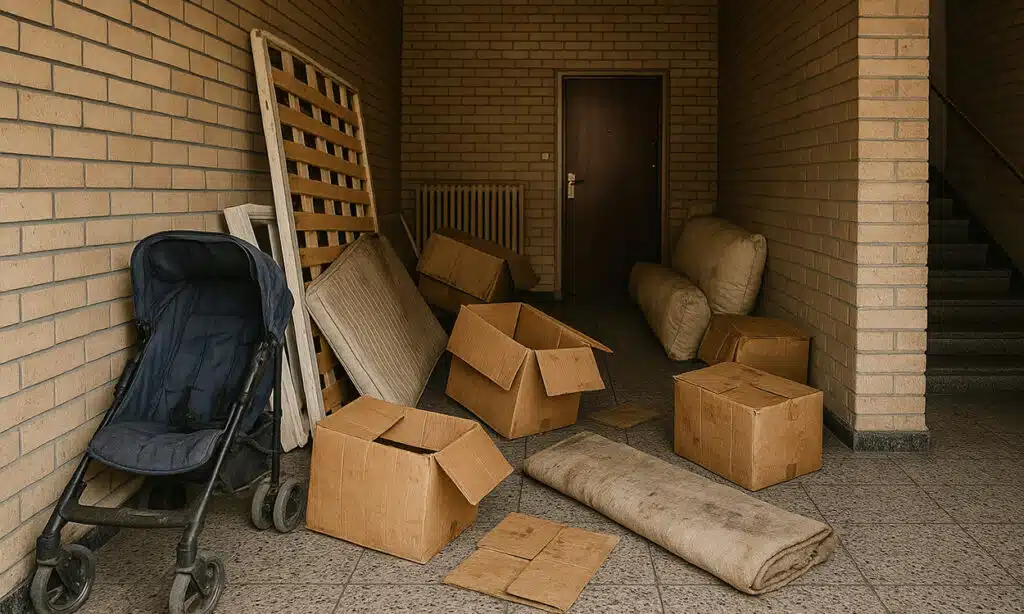 Du bazar devant l'entrée d'un immeuble