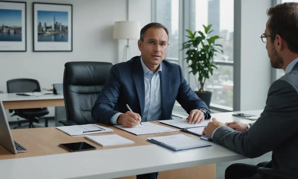 Échange entre un conseiller et son prospect dans son bureau