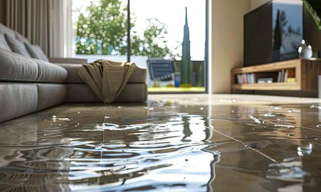 Le salon d'un appartement inondé par un dégât des eaux