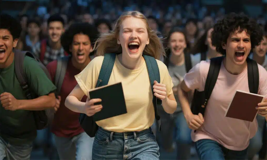 Une horde d'étudiants qui courent équipés de les sacs à dos et leurs fournitures scolaires