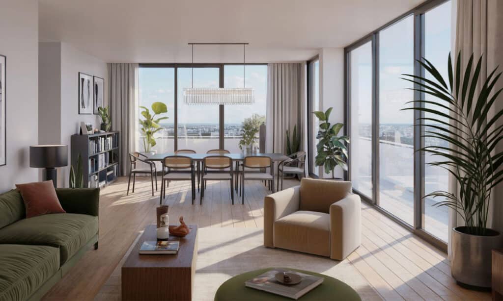 Grand salon lumineux entouré de grandes baies vitrées