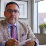 Un fiscaliste habillé de façon originale derrière son bureau