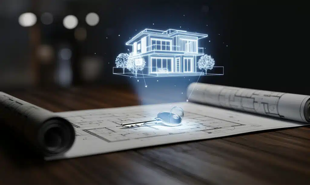 Hologramme d'une maison au dessus d'un plan d'architecte