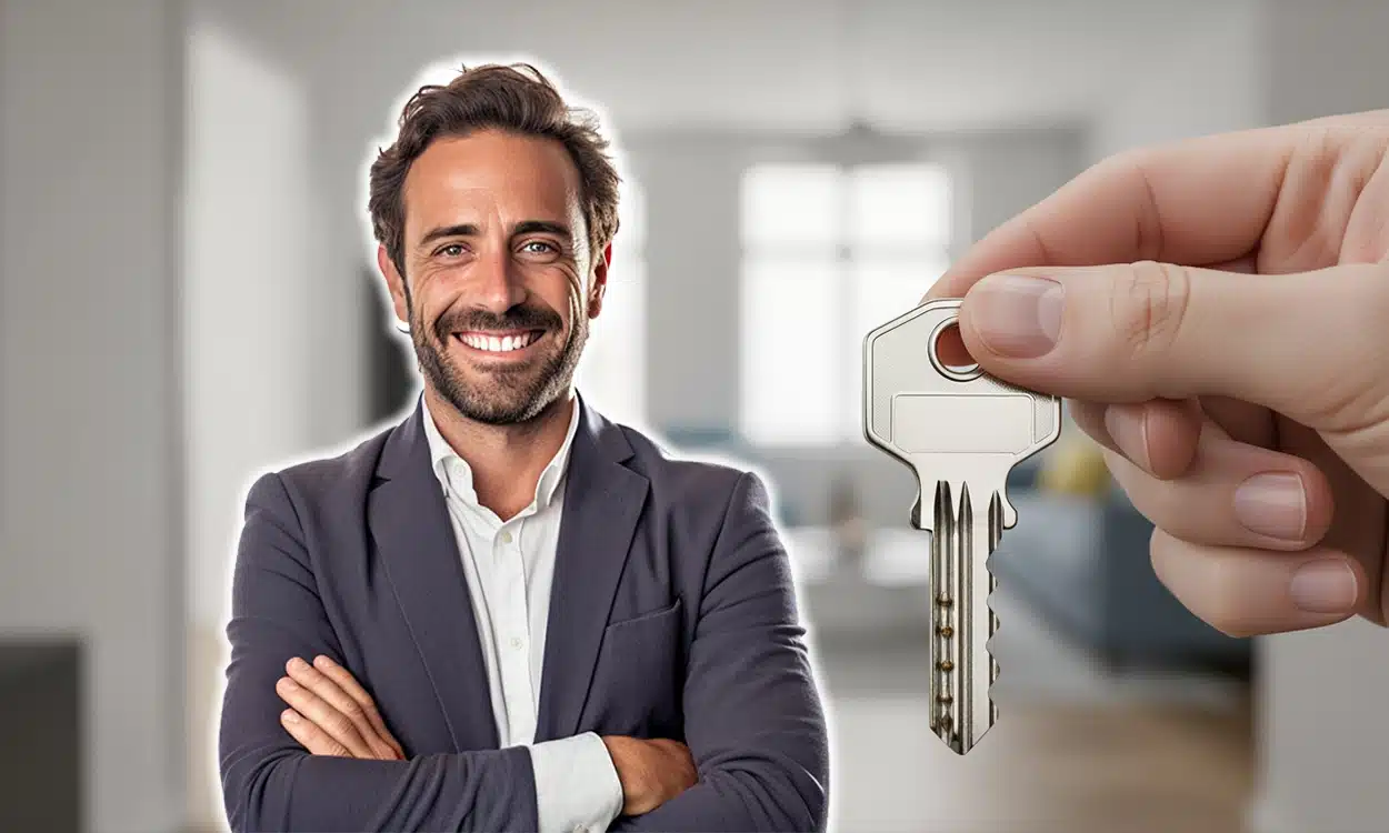 Marchand de bien avec les bras croisés avec en fond une main qui tient la clé d'un appartement