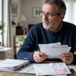 Propriétaire bailleur préoccupé tenant des courriers de relance de loyers impayés