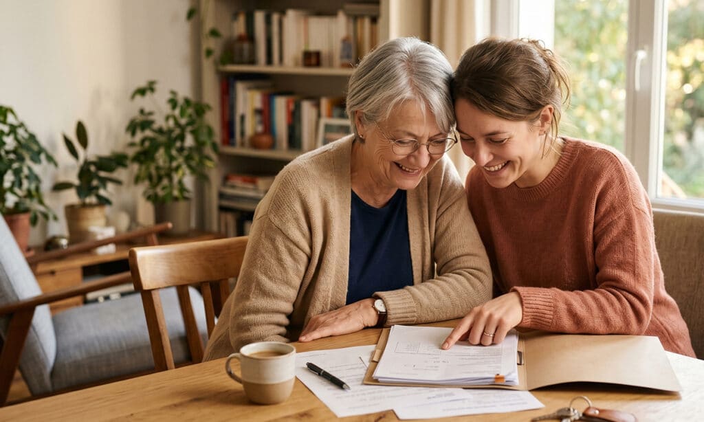 Une femme de 60 ans passé et sa belle fille regardent un contrat de succession