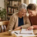 Une femme de 60 ans passé et sa belle fille regardent un contrat de succession