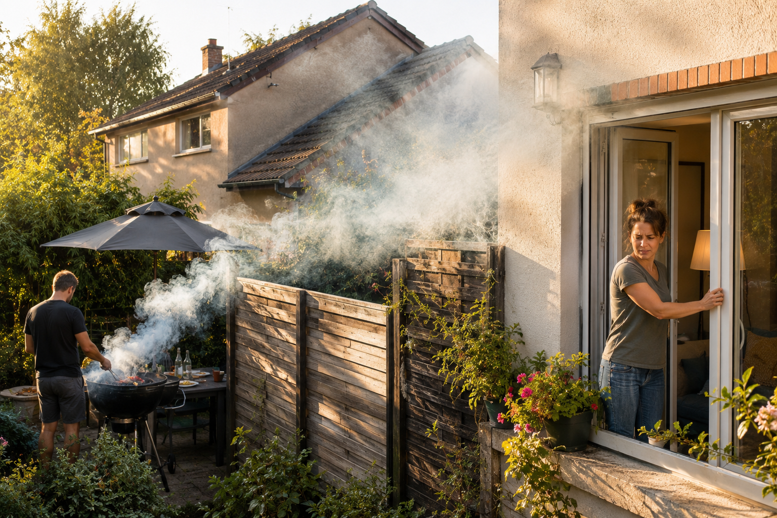 Fumée d'un barbecue dérivant vers la terrasse d'un voisin agacé en été