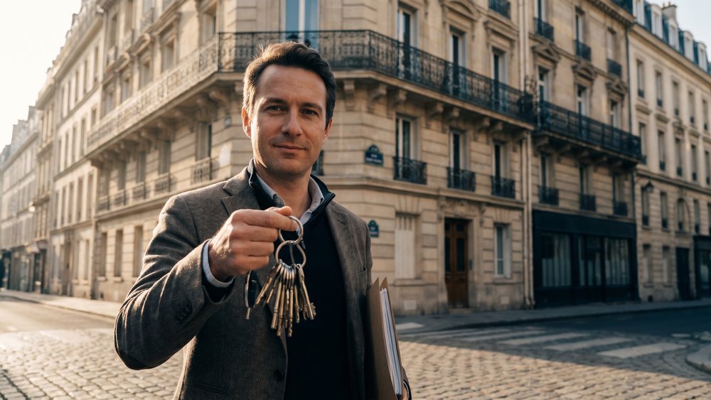 Investisseur clés en main devant son immeuble de rapport