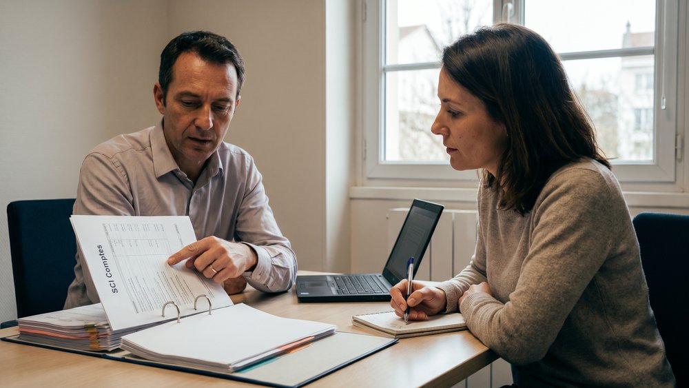 Deux associés d'une SCI revoyant les comptes et l'assurance de leur prêt