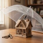 Petite maison en bois protégée sous un parapluie, assurance propriétaire bailleur