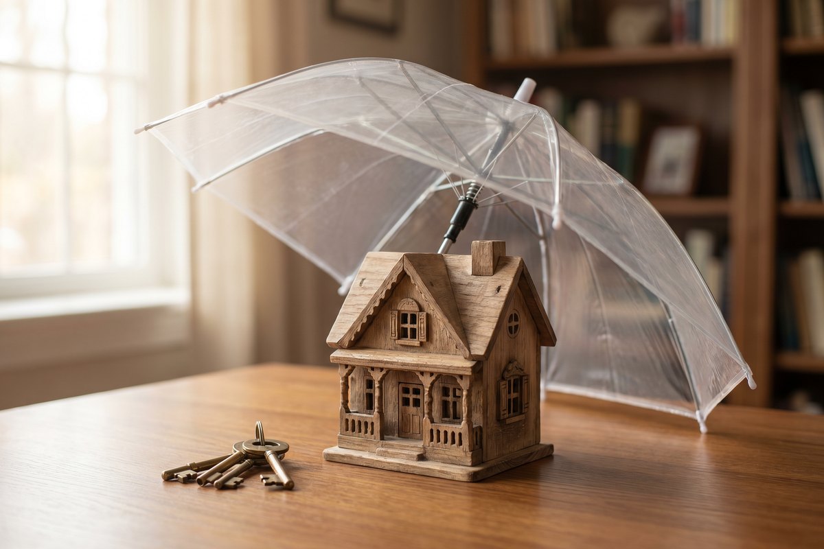 Petite maison en bois protégée sous un parapluie, assurance propriétaire bailleur